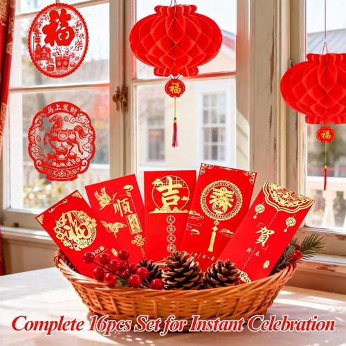 Chinese New Year Decorations 2026 Couplets Set with Free Lucky Tube Lunar New Year of The Horse Decor Kit for Home, Door, Office 16 Pcs