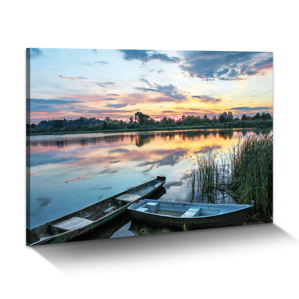 Lake Landscape Canvas Wall Art: Modern Relaxing Sunset Skyline Painting Simple Natural Boat Reed Print Wilderness Clear Calming Water Scenery Picture Green Forest View Gallery Artwork for Bedroom