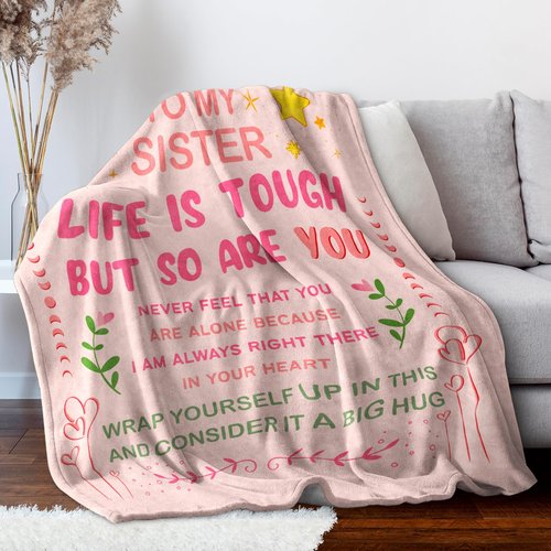Niyewsor Sister Gifts, Sister Birthday Gifts Blanket, Gift for Big Sisters on Mothers Day, Christmas, to My Sis Life is Tough Soft Throw Blanket, 60" x 50"