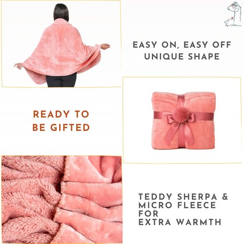 EzrAllora Premium Double Layer Wearable Blanket for Women -No Sleeves- Shawl with Pockets- Wrap Blanket- Gifts for Grandma (Powder Pink)