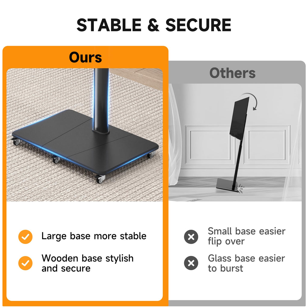 XINLEI Tall Floor TV Stand for 32-75" TV Portable Rolling TV Cart with Wheels Height Adjustable with Wood Base, Holds up to 88 lbs, Max VESA 600x400mm TS005HB