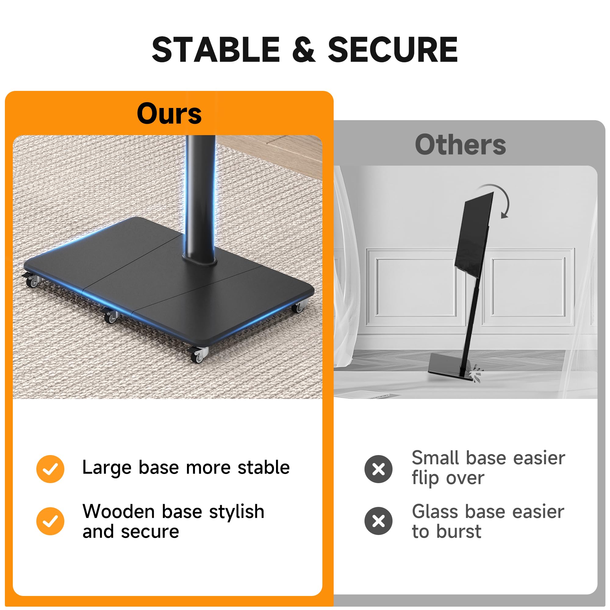 XINLEI Tall Floor TV Stand for 32-75" TV Portable Rolling TV Cart with Wheels Height Adjustable with Wood Base, Holds up to 88 lbs, Max VESA 600x400mm TS005HB