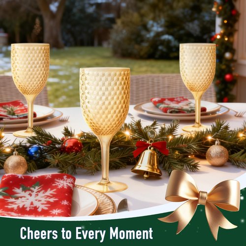 LEYIQU Plastic Wine Glasses 13oz, Acrylic Goblets Toasting Glassware, Unbreakable Cups Drinking Glasses for Bar Party, Wedding, Valentine’s Day (24, Gold)