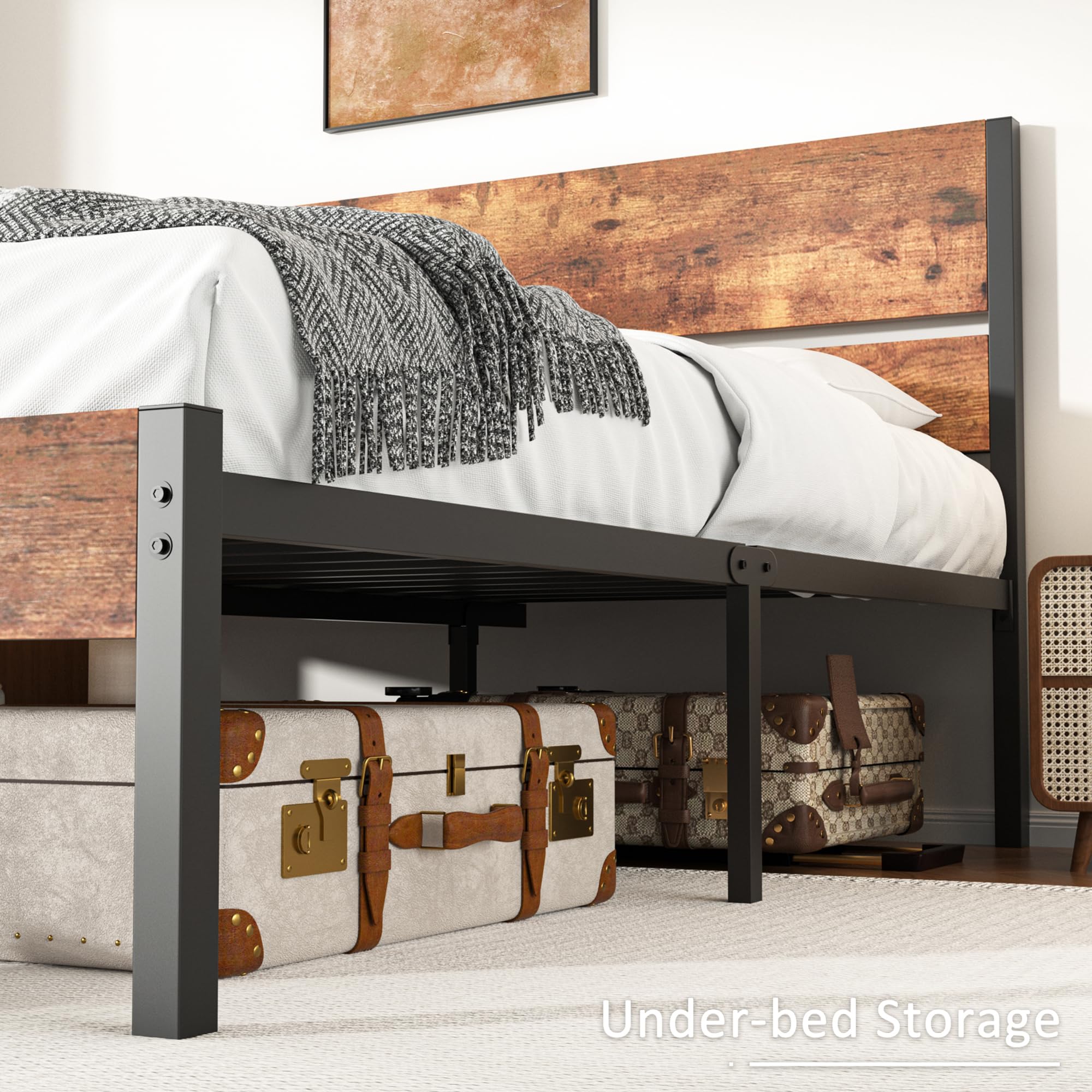 VECELO Queen Size Bed Frame with Wood Headboard, Heavy-Duty Metal Slats Support, Easy Assembly, No Box Spring Needed, Brown