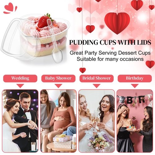 Potchen 24 Pack Heart Shaped Dessert Cups with Lids and Spoons 4 oz Mini Plastic Dessert Container Appetizer Parfait Cups Clear Shooter Container for Valentine Wedding Serving Party