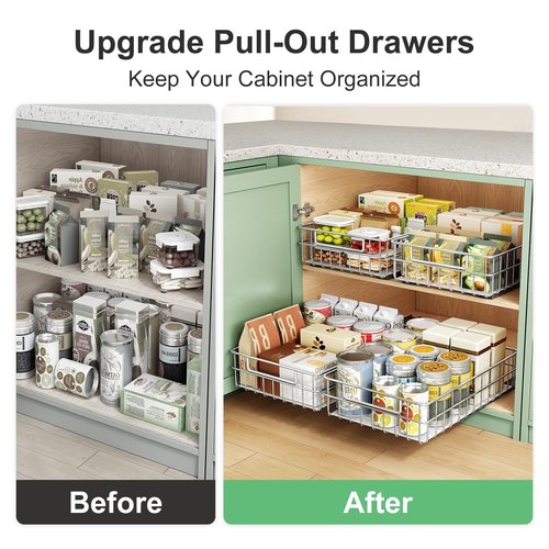 Pull out Cabinet Organizer, Stainless Steel 2-Pack Slide out Drawer with Silent Full-Extension Slides, Adhesive Roll out Can Spice Storage Basket Shelf Rack for Pantry, Kitchen, Bathroom, Home Closet