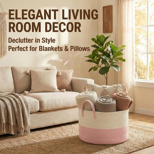 JMvicyroam Extra Large Blanket Basket - Woven Cotton Rope Laundry Hamper with Reinforced Handles | White & Pink, 115L Storage Bin for Pillows, Comforters & Toys