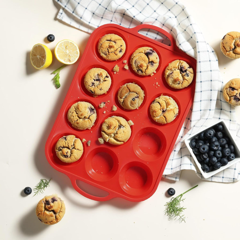 Skiennix Silicone Muffin Pan Set - 12 Cups with Metal Reinforced Frame | Oven & Dishwasher Safe