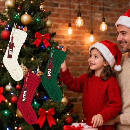 YSZquildore Personalized Christmas Stockings 18 Inch Large (6 Pack) - Knitted Xmas Stockings with DIY Wooden Name Tags for Fireplace Mantel, Family Holiday Decor (White&Red&Green)