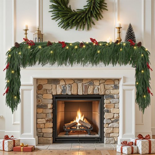 9FT Prelit Christmas Garland, Realistic Green Norfolk Pine Garland with Lights Battery Operated for Mantle Stairs Railing Fireplace Table Indoor Xmas Decor