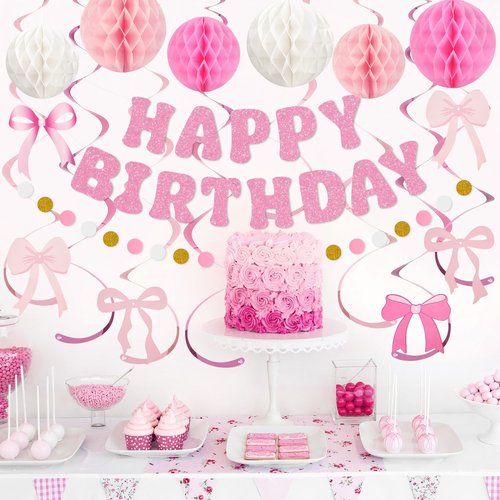Amandir Pink Birthday Decorations for Girls Women, Glitter Happy Birthday Banner with Honeycomb Balls, Bow Hanging Swirls Streamers, Circle Dots Garland, Coquette Party Decorations