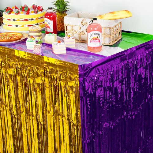 6 Pack Mardi Gras Table Skirt Decorations 30x118 Inch, Mardi Gras Purple Gold and Green Metallic Foil Fringe Tinsel Table Skirts, Mardi Gras Table Decorations for Mardi Gras Carnival Party Supplies