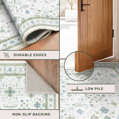 Hazo Haus Washable Area Rugs - Extra Large 10x12 Cream, Blue & Green Floral Geometric Design