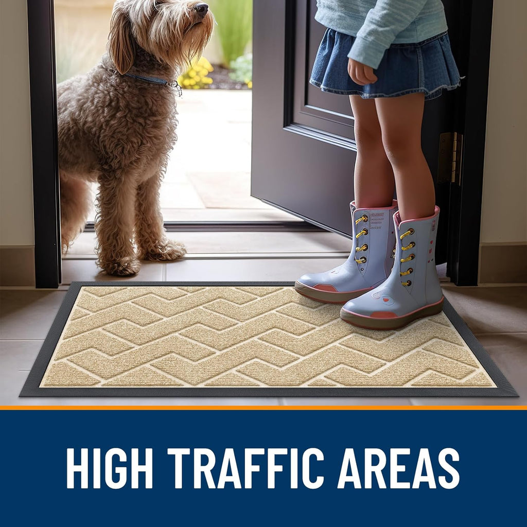 OLANLY Indoor Outdoor Front Door Mat - Waterproof All-Season Herringbone Doormat | Easy Clean, Beige 47x23