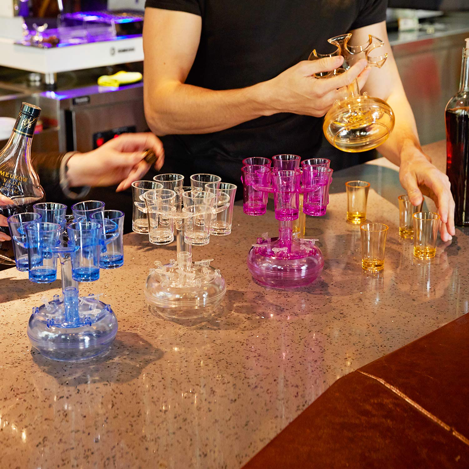 ALEVMOOM 6 Shot Glass Dispenser and Holder, Multiple 6 Shots Dispenser for Bar Filling Liquids, Carrier Cocktail Liquor Shots Drink Tool with Brush