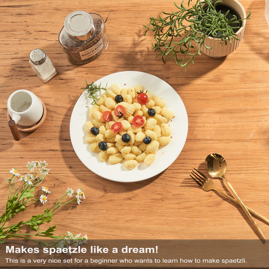 Premium Stainless Steel Spaetzle Maker Lid with Scraper, Traditional German Egg Noodle Maker Tools Pan Pot Pasta Veggies Strainer