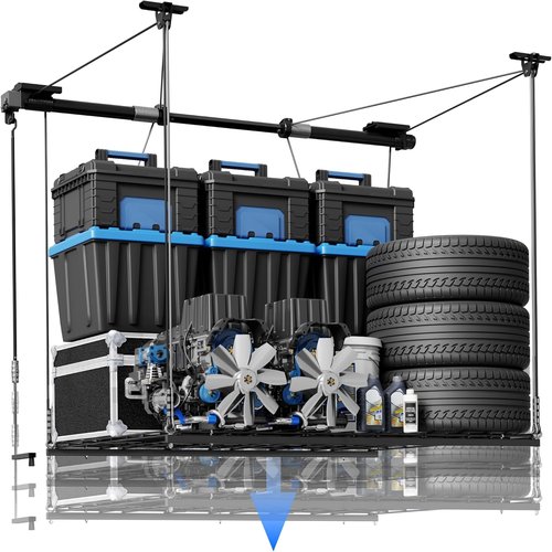 FLEXIMOUNTS GL1 Overhead Garage Storage Rack - Heavy-Duty 4x4 Ft Metal Ceiling Organizer | Adjustable, 350lbs Capacity, Black