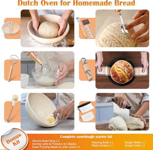 E-far 5QT Dutch Oven - Versatile Cast Iron Pot with Skillet Lid & Sourdough Starter Kit | Ideal for Baking, Frying, BBQ