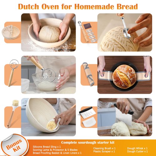 E-far 5QT Dutch Oven for Bread Baking, 2-IN-1 Cast Iron Pot with Skillet Lid & Sourdough Starter Kit, Bread Oven Pan with Baking Supplies for Frying, Braising, BBQ, Rust-Free & Heavy Duty