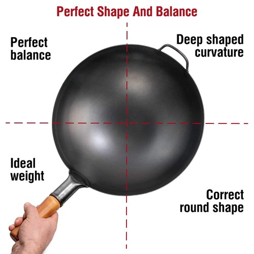 YOSUKATA 14" Carbon Steel Wok with Round Bottom – Pre-Seasoned Pow Wok for Stir Fry – Traditional Chinese Japanese Black Steel Pan – Outdoor Cookware for Gas Stovetops, Open Fire, BBQ, Camping