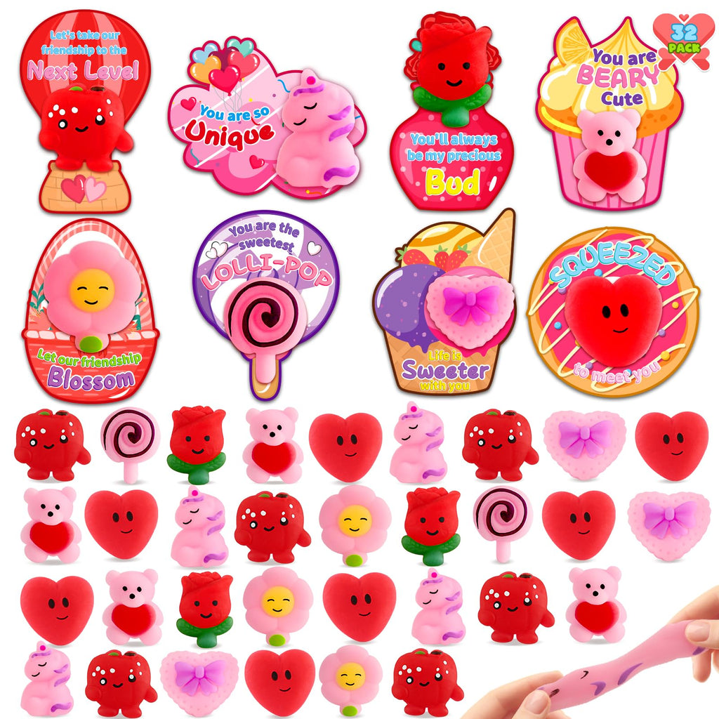 OCHIDO 32 Pack Valentines Day Cards with Mochi Squeeze Toys, Valentines Day Gifts for Kids Classroom Exchange and School Reward, Stress Relief Fidget Toy for Valentines Party Favors