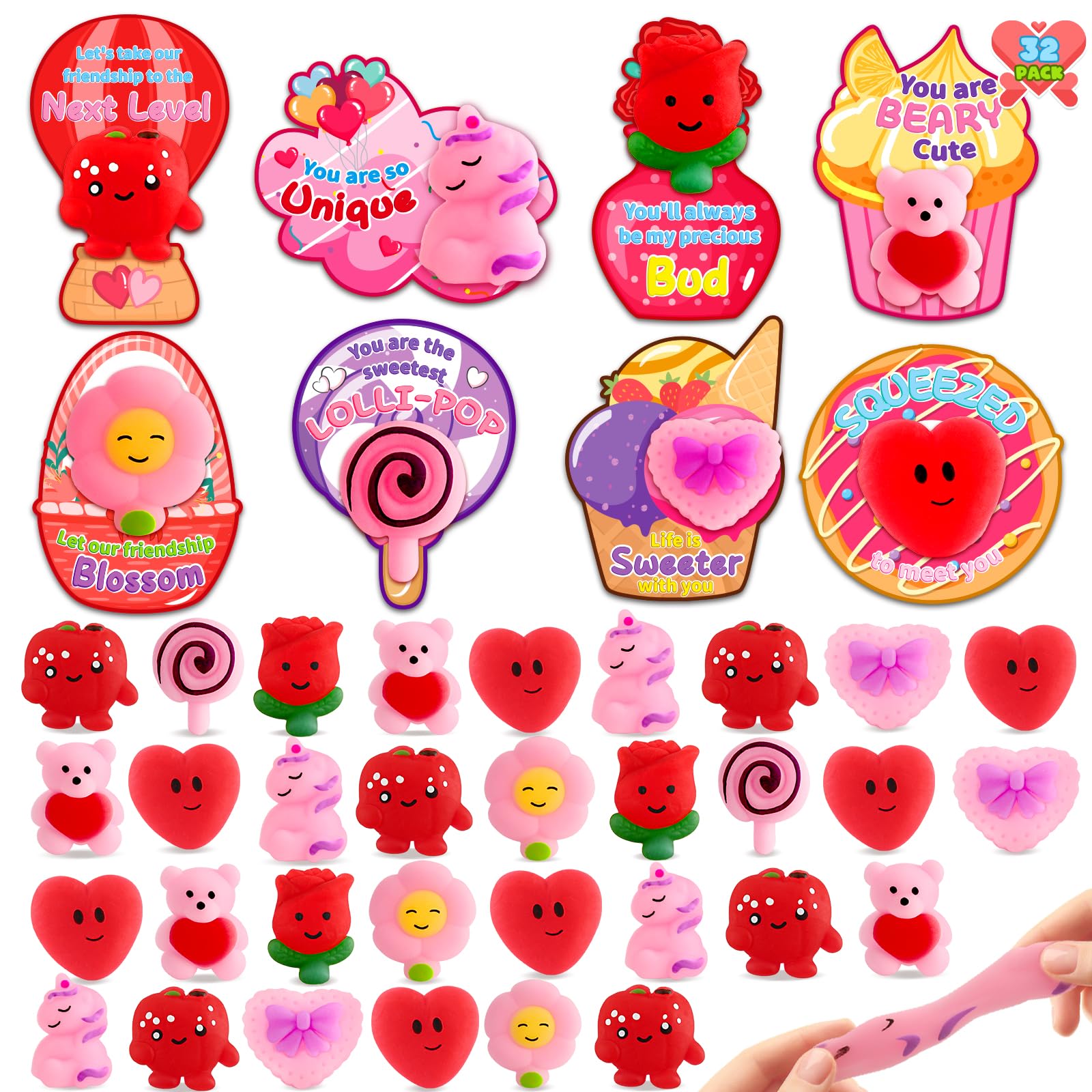 OCHIDO 32 Pack Valentines Day Cards with Mochi Squeeze Toys, Valentines Day Gifts for Kids Classroom Exchange and School Reward, Stress Relief Fidget Toy for Valentines Party Favors
