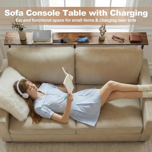Faesun 70.9 Inch Behind Couch Table, 24"-32" Adjustable Height Range, Behind The Couch Table with Outlet, Adjustable Console Table, Narrow Long Sofa Table, for Living Room, Rustic Brown