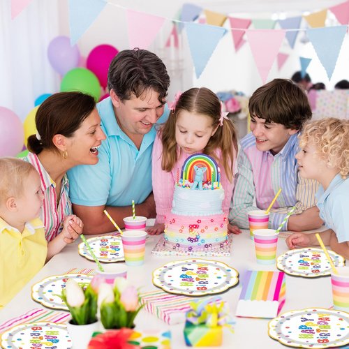LDFDRT 7inch White and Gold Happy Birthday Paper Plates 50 pcs Party Decorations Rainbow Cake Dessert Plates Disposable Dinnerware Tableware for Birthday Party Supplies