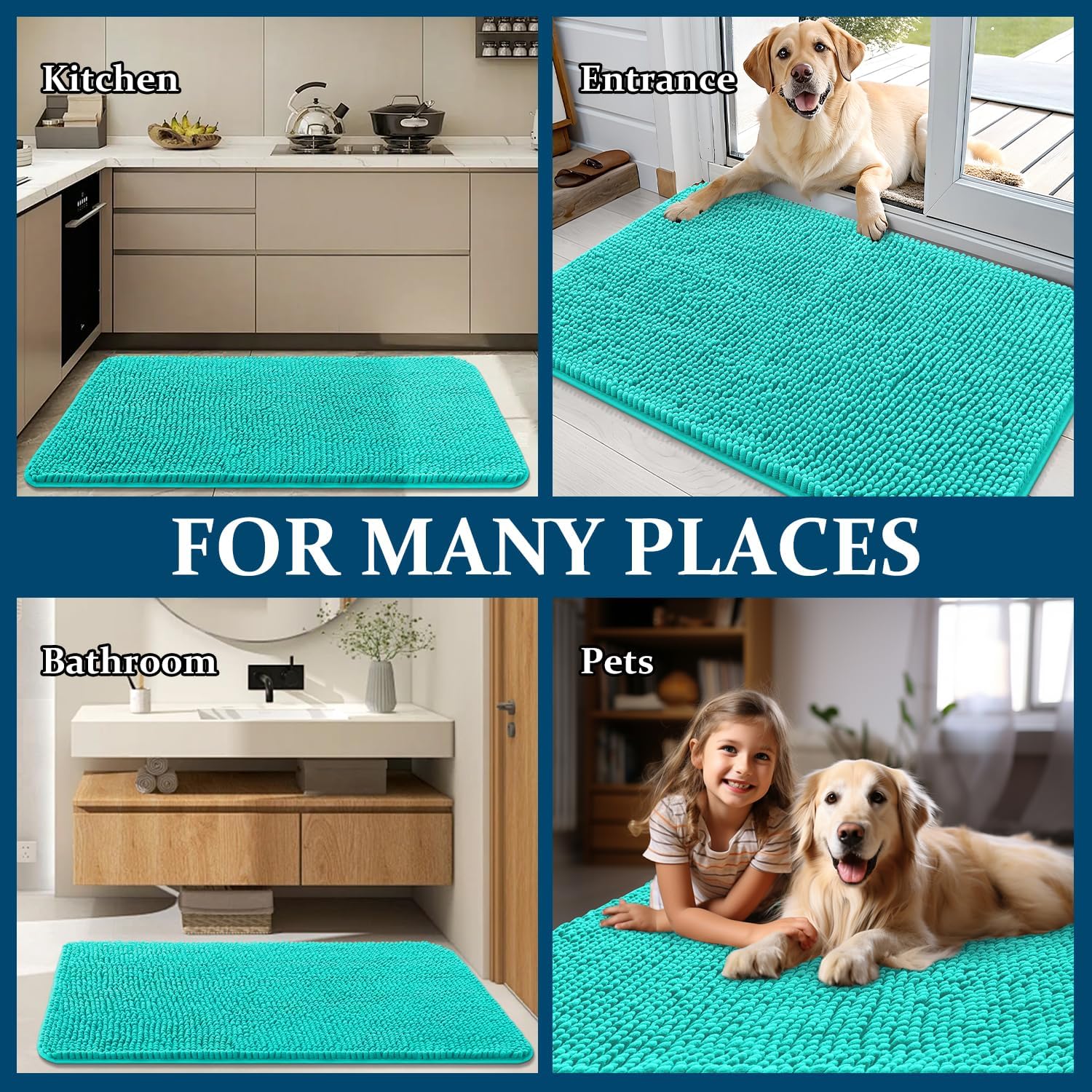 OLANLY Dog Door Mat - Absorbent Non-Slip Chenille Mat for Muddy Paws | Quick Dry 47x32 Teal Doormat
