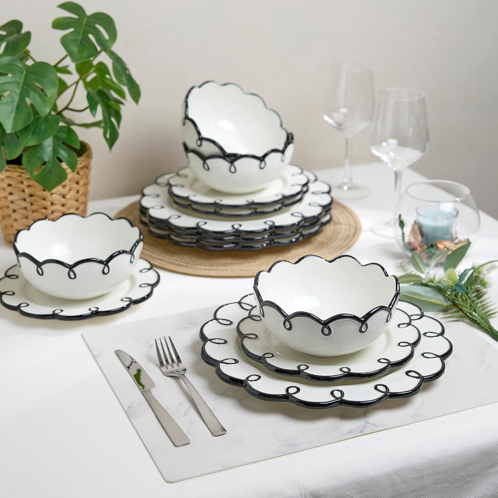 Sango 12-Piece Earthenware Dinnerware Set for 4, Glossy White Plates and Bowls Sets with Black Scalloped Rims, Premium Dish Set, Dishes for Hosting Parties, Birthday & Wedding Gifts, Splash of Cheers