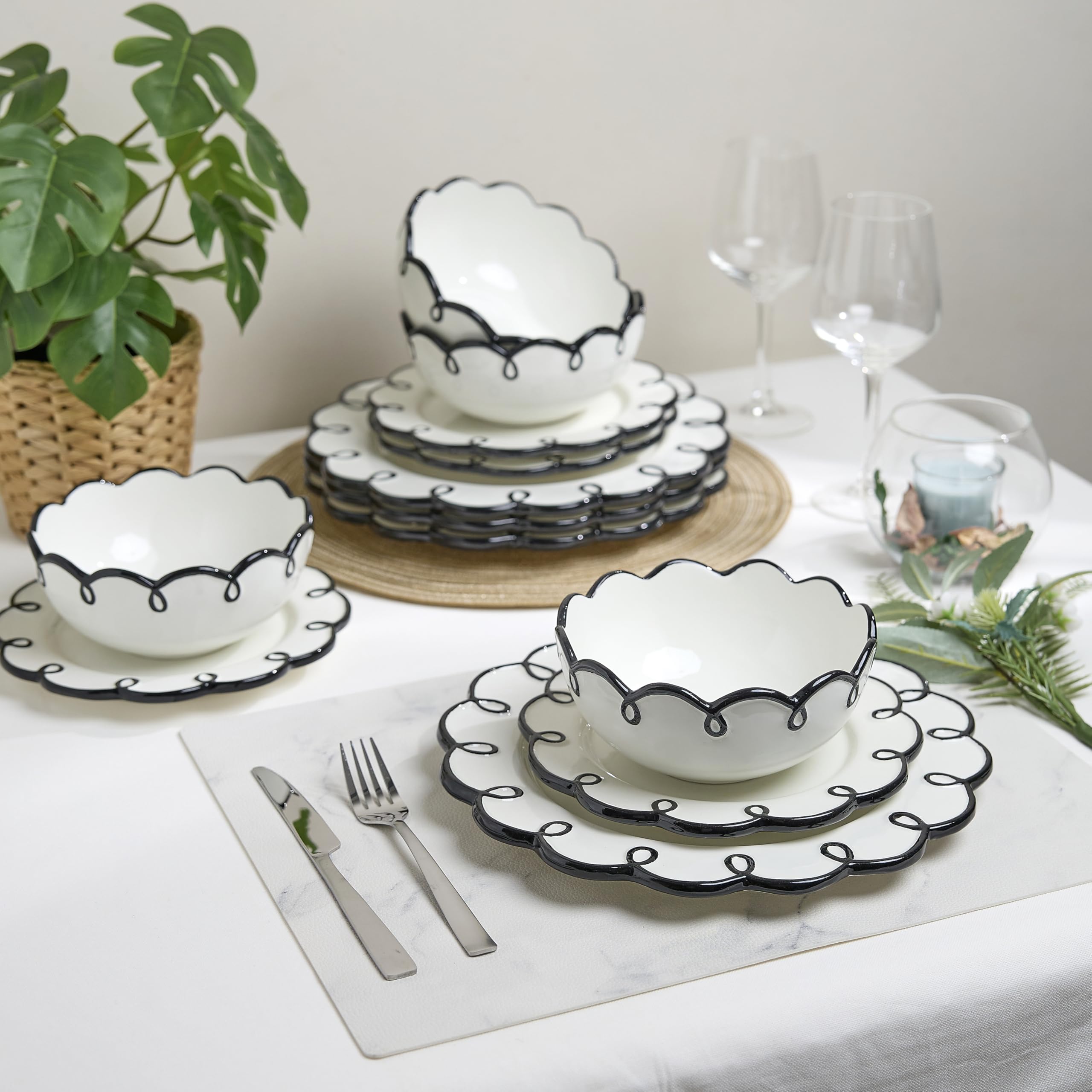 Sango 12-Piece Earthenware Dinnerware Set for 4, Glossy White Plates and Bowls Sets with Black Scalloped Rims, Premium Dish Set, Dishes for Hosting Parties, Birthday & Wedding Gifts, Splash of Cheers