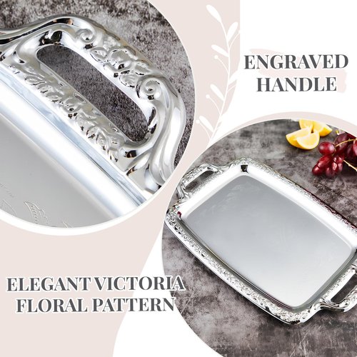 Tiangrid 6 Pcs Silver Serving Tray with Handle Elegant Floral Metal Plate Silver Platter for Buffet Wedding Party Jewelry Decorative (Oblong)