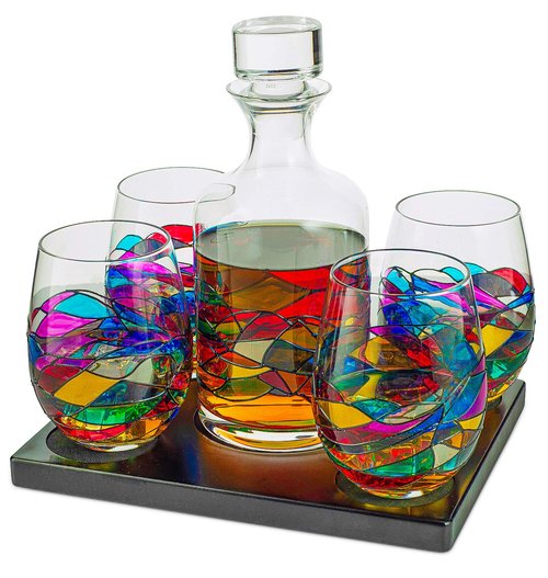 Artisanal Hand-Painted Whiskey & Wine Decanter Set – Barcelona Renaissance Stained Glass Design – Unique Mother's Day Gift for Her, Mom, Wife, or Friend – Multicolor Handcrafted Glassware