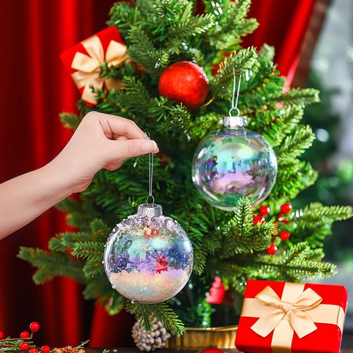 12 Pcs Large 4 Inch Iridescent Ornaments Clear Christmas Ornament Balls Iridescent Christmas Balls for Tree, Plastic Ornaments Clear Plastic Fillable Decoration, Xmas Hanging Decor for Holiday