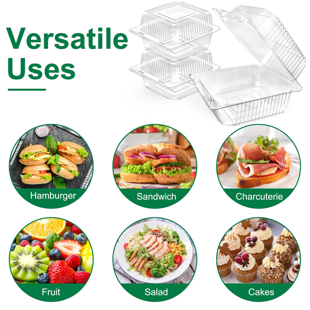 TOFLEN 100 Pack Plastic Clamshell Food Containers, Clear Square Cake Slice Containers with Hinged Lids, Disposable To Go Boxes for Mini Cake, Salad, Sandwich, Dessert, Cookie