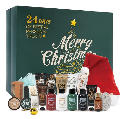 BODY & EARTH 2025 Advent Calendar for Men - 24 Days of Beard Care Gifts with Sandalwood & Cedar Oil