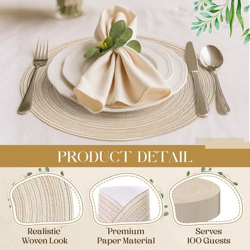 Geosar 100 Pcs Disposable Paper Placemats Cotton Woven Look 13'' Round Placemats Rustic Disposable Table Pads Bulk for Dining Table Decoration Birthday Wedding Bridal Baby Shower Party(Beige)