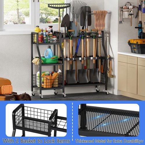 Keomaisyto Garden Tool Organizer - Heavy Duty Metal Storage with 6 Wheels & 2 Baskets | Perfect for Garage, Shed, or Yard