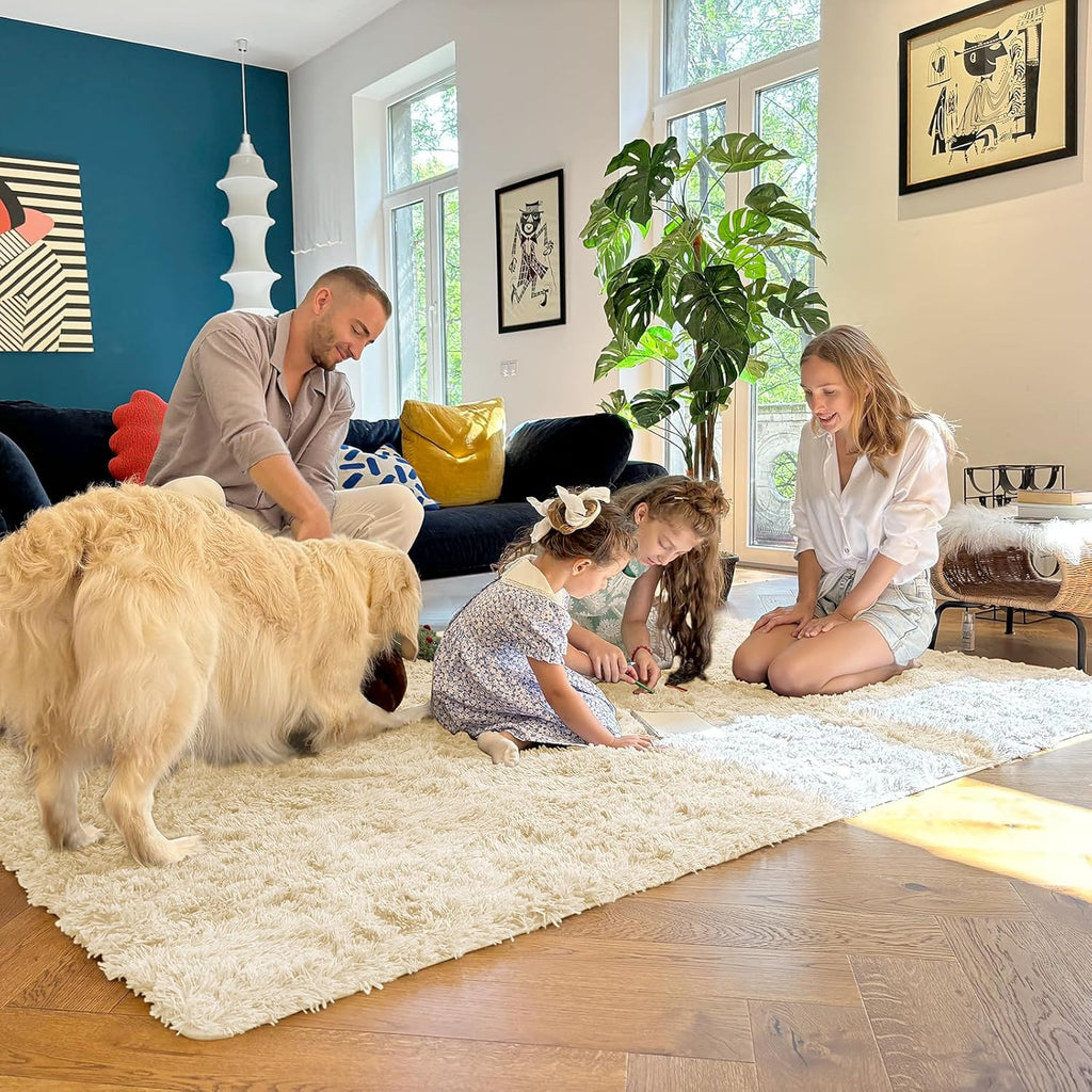OLANLY Area Rugs - Soft Fluffy Shaggy Indoor Carpet for Living Room & Bedroom | 4x5.9 ft Cream