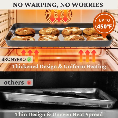 BRONYPRO Stainless Steel Baking Sheet Pan Set of 3, Cookie Sheets 9/12/16 In, Non-Toxic Uncoated Interior (PFOA & PTFE Free), Solid Warp-Resistant Cooking Trays for Oven & Toaster, Gray Exterior