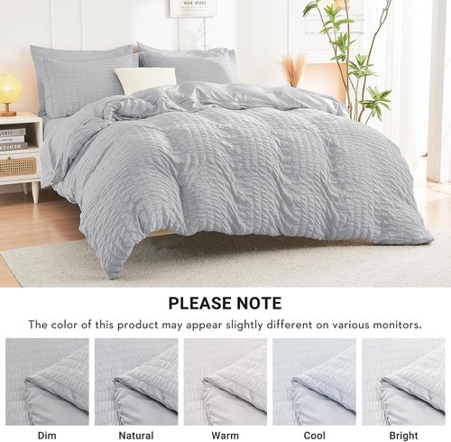 HYMOKEGE King Size Comforter Set - Luxury 7-Piece Seersucker Bedding in Light Grey for All Seasons