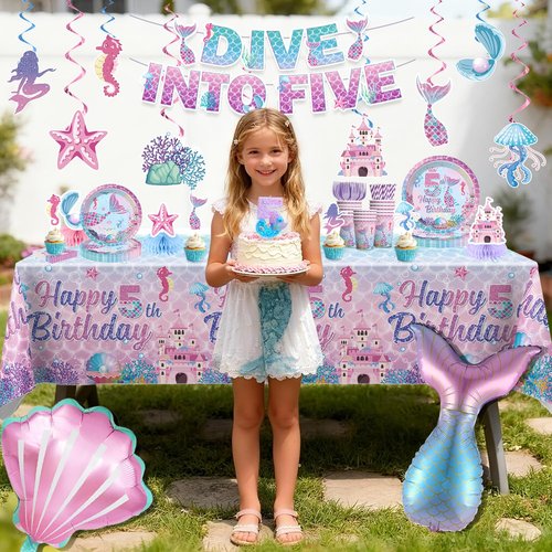 191pcs Dive into 5 Birthday Decorations Girl-Serves 25, All-in-One Mermaid 5th Birthday Decorations with 350gsm Plates, Tablecloth, Centerpiece,Balloon, Banner, Mermaid Candle 5, Etc