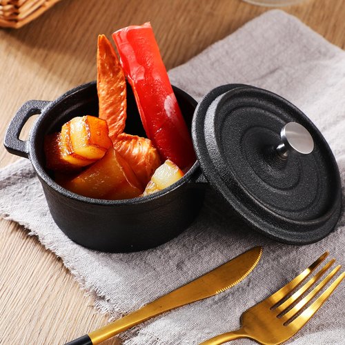 Suttmin 4 Pcs Mini Dutch Oven Small Round Iron Cocotte Black Dutch Oven Pot with Lid and Dual Handles Cast Iron Pot for Stovetop Use Marinate Cook Bake Refrigerate Garlic, Individual Servings(17 oz)