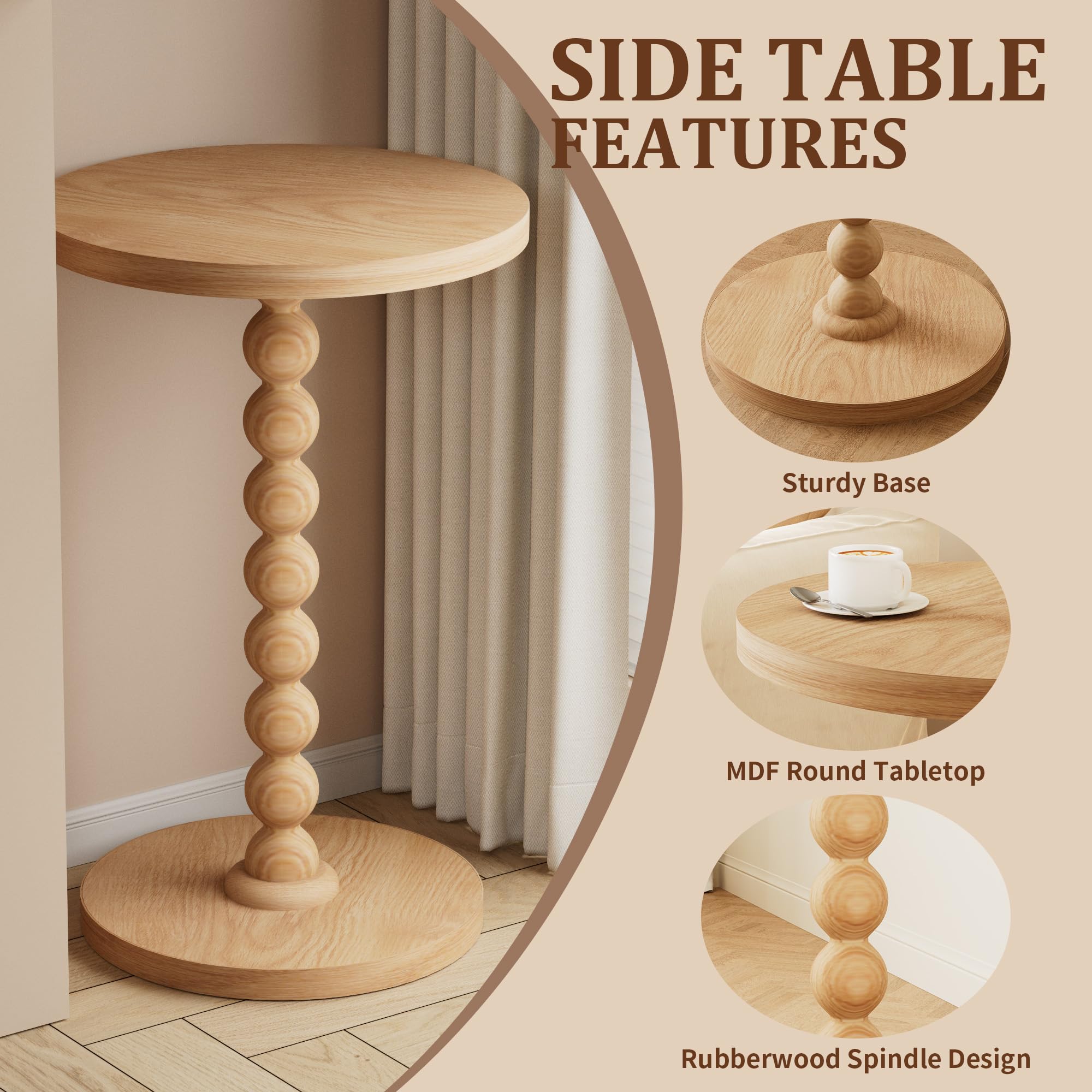 TEROL Round Side Table, Drink Table for Small Spaces, Modern Accent Nightstand with Rubberwood Leg for Living Room, Bedroom, Corners, and Office (Natural)
