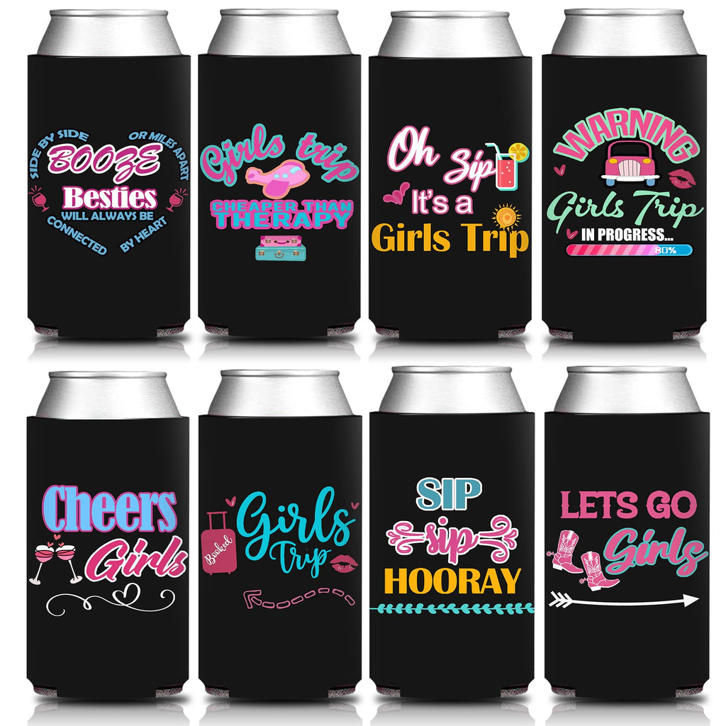 HAPPARTY Black Weekend Trip Theme Slim Can Cooler Sleeves 8Pcs, Weekend Bottle Can Beverage Cold Drinking Holder Sleeves for Birthday Bachelorette Girl Trip Party Favor Gifts