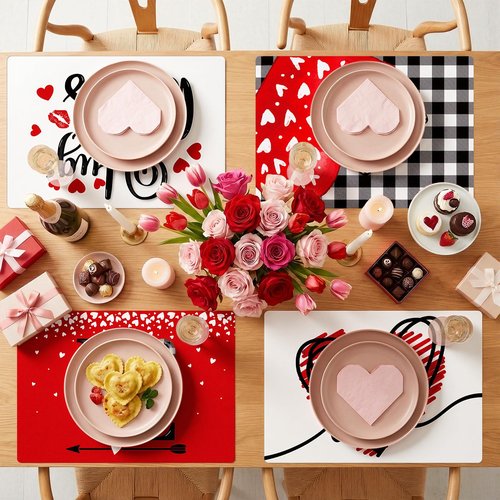 Gandeer Set of 6 Valentine's Buffalo Plaid Placemats 17 x 12'' Hearts Love Truck Place Mats Plastic Table Mat Romantic Farmhouse Modern Kitchen Decor for Valentine February Home Dinner Dining Party