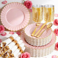 YOUBET 350PCS Pink Scalloped Plastic Plates - Pink and Gold Disposable Dinnerware Set Include 100 Plates, 150 Gold Silverware, 50 Cups, 50 Napkins for Wedding & Party Valentines Day