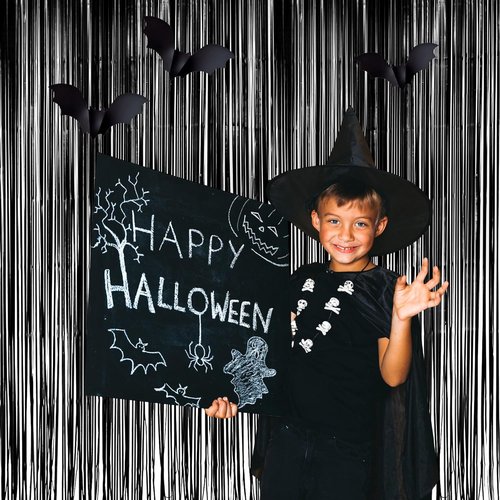 GREATRIL Black Fringe Backdrop - Stunning Outdoor Holiday Streamers | 3.2ft x 8.2ft, 2 Packs