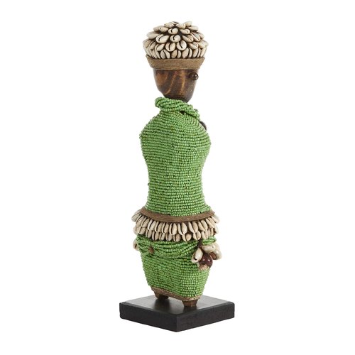Deco 79 Small Hand-Crafted Pine Wood, Cowrie Shells, Green Beads & Kente Cloth African Woman Namji Doll, 3" x 5"