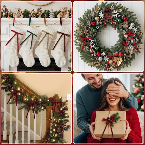 30 Pcs Velvet Ribbon Bows for Christmas Tree Decorations - Assorted Colors (Khaki, Brown, Red) 10 of Each, 5x7 Inch Pre-Tied Rustic Vintage Bows for Wreath, Garland, Gift Wrapping & Holiday Home Décor